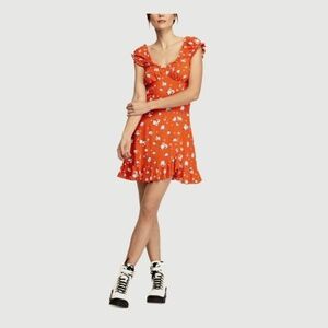 Free People Open Back Ruffle Mini Dress Size XS Orange Floral Leaf Print Orange